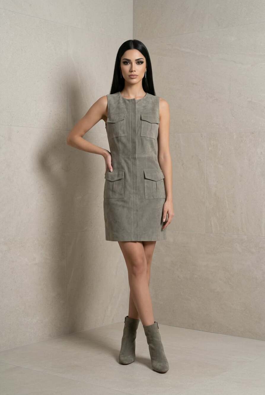 H&M Suede Utility Mini Dress Olive Green Size 2